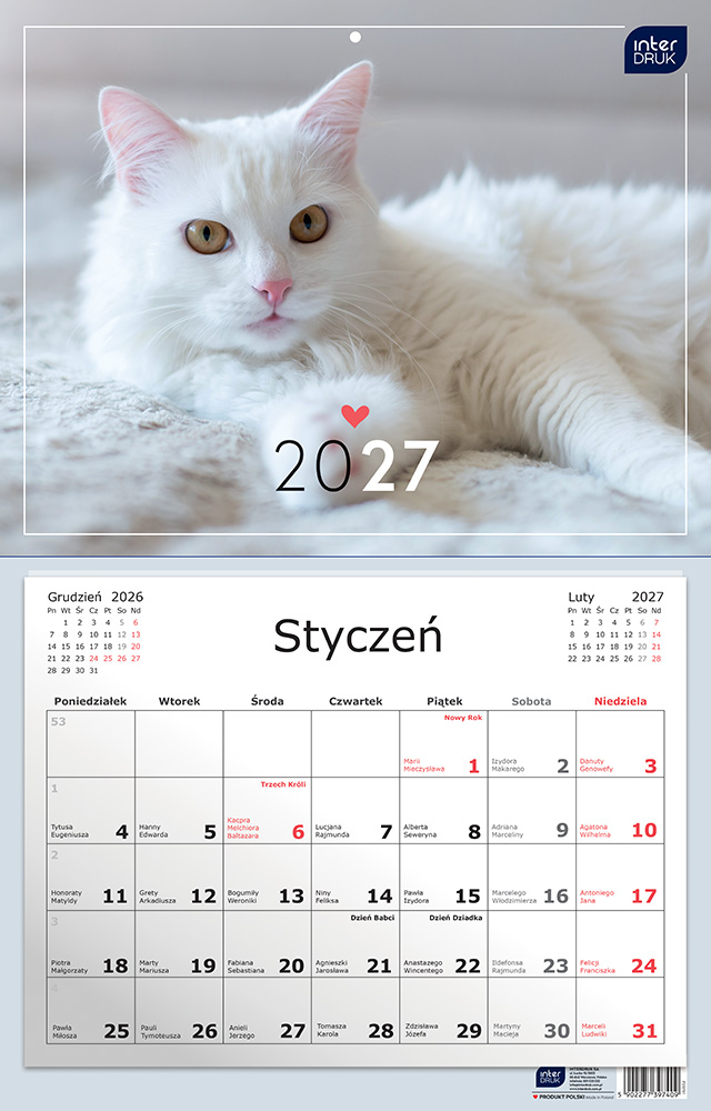 Kalendarz Ścienny 2027 Jednodzielny 32x50 cm "Zwierzaki" Interdruk
