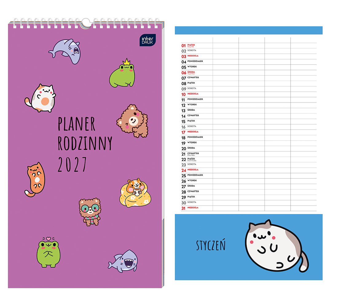 Kalendarz Ścienny 2027 Planner Rodzinny 25x43 cm "Kawaii" Interdruk