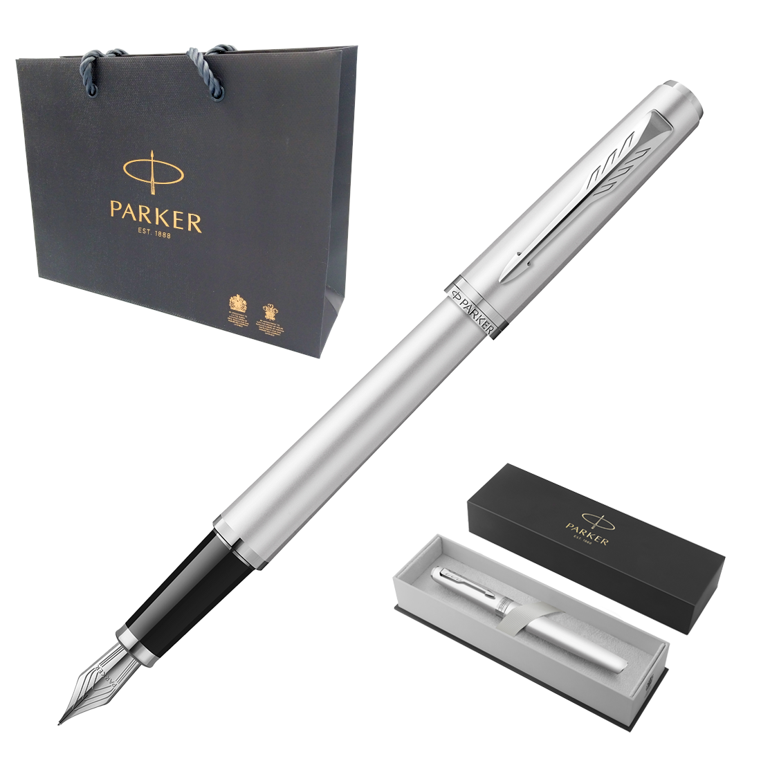 Pióro Wieczne Parker Meridian Chromowane Stalówka F + Etui + Torebka